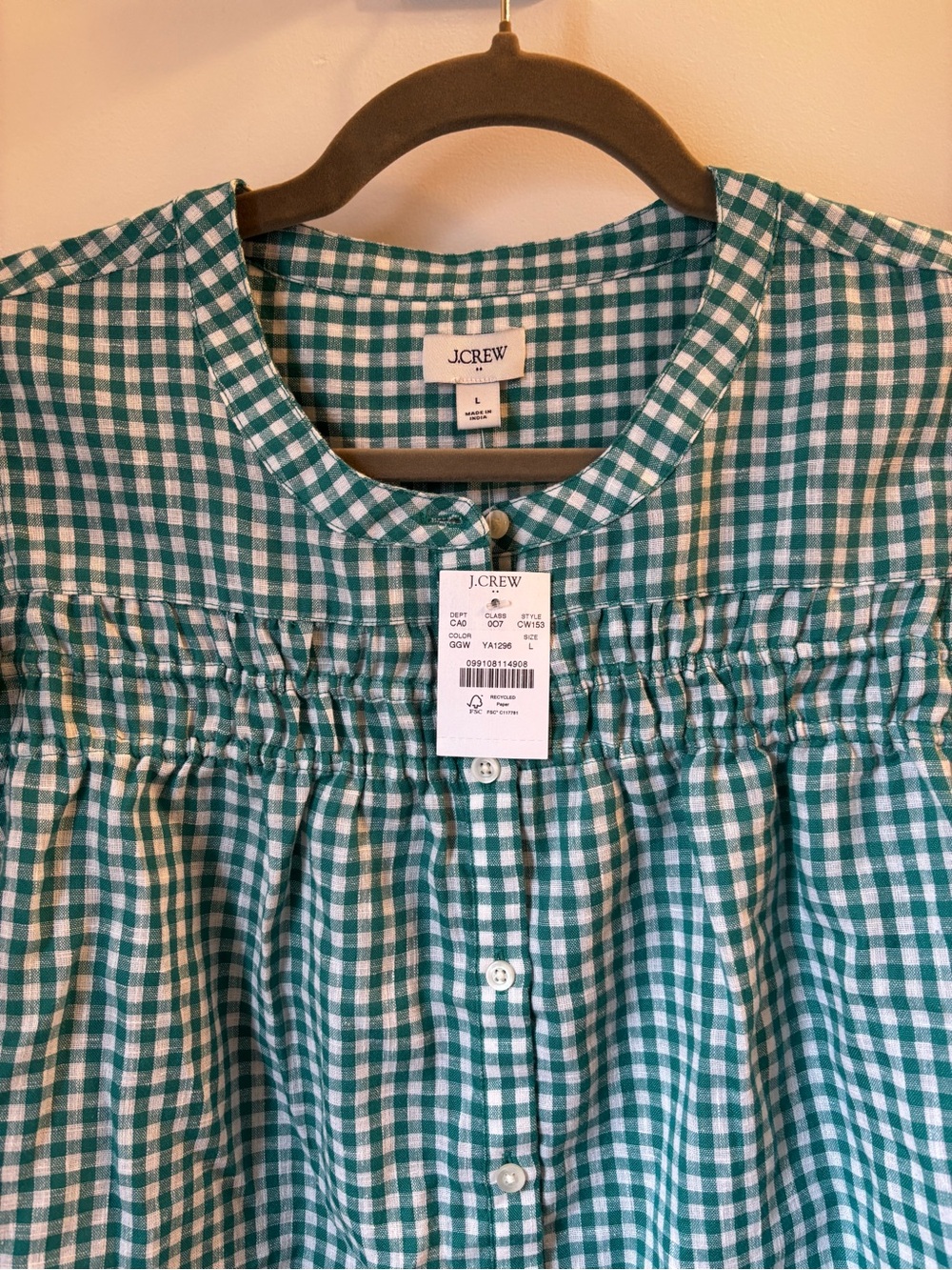 NWT! JCrew Green Gingham Flutter-Sleeve Blouse Size Large - Picture 3 of 4